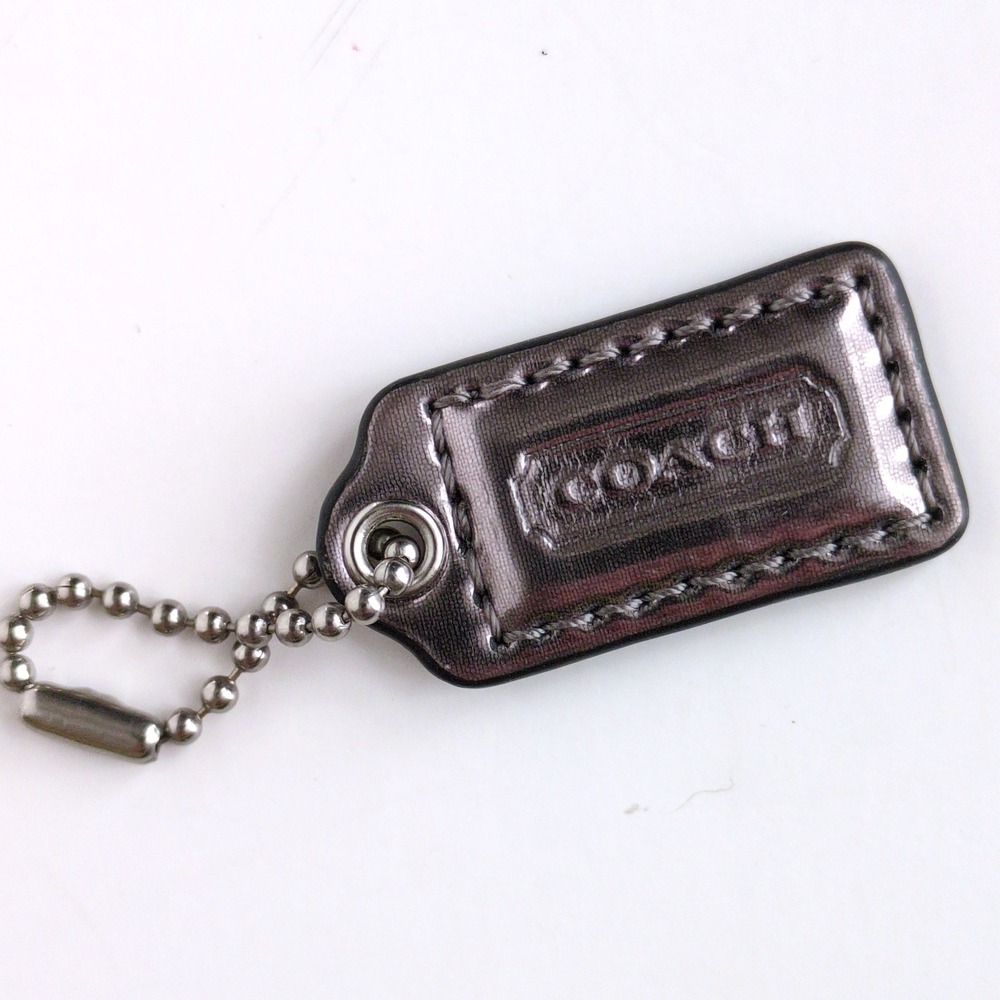 Coach Handbag Purse Hangtag Metallic Dark Silver Leather Logo Bag Charm Fob 1.5"